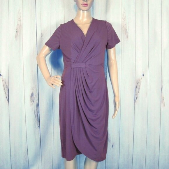 Purple Faux Wrap Dress Medium Slimming Drape Short Sleeve V-neck The Paragon NEW - Picture 2 of 8